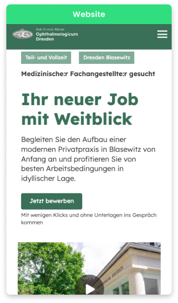 Instagram-Werbung für das Ophthalmologicum Dresden: Zu sehen ist ein Bild der Praxis und die Message: Ihr nuer Job mit Weitblick.