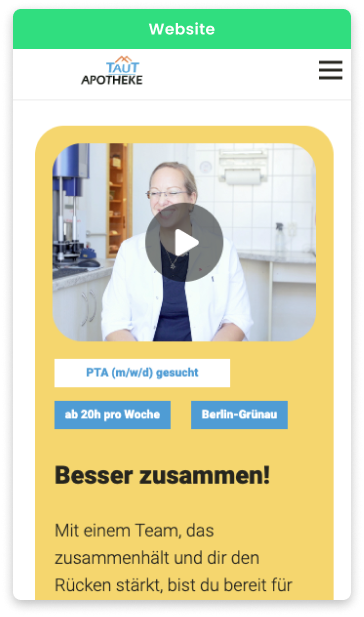 Instagram-Werbung mit Video für die Taut Apotheke in Berlin: PTA (m/w/d) gesucht. Besser zusammen!